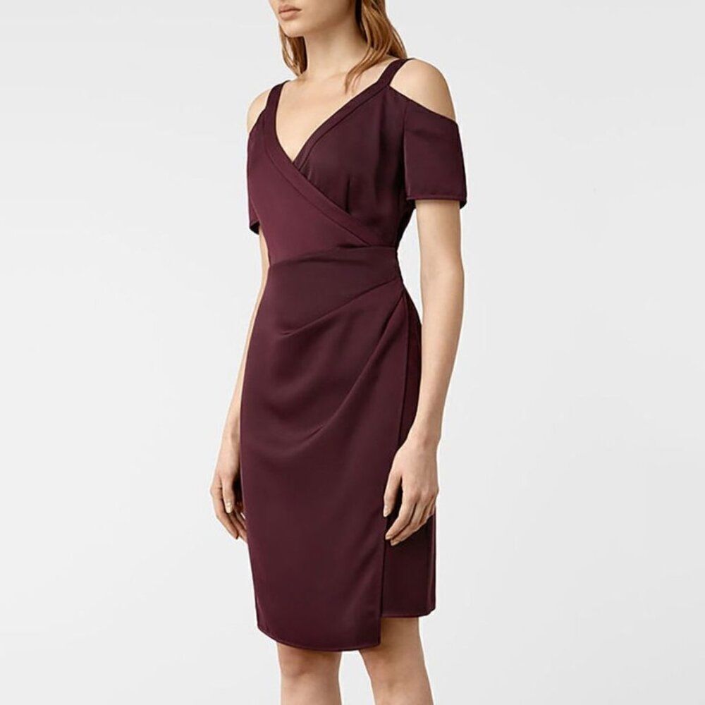 All Saints Dress “Cadia” Merlot Cold Shoulder Wrap NWT 2
